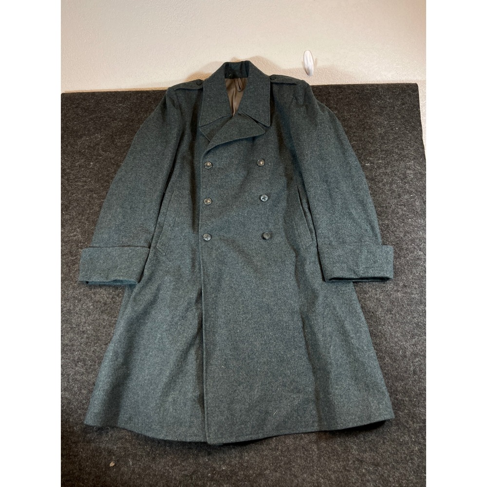VTG 50s Swiss Army Military Trench Coat Mens Size 46 Green Wool Double Breasted